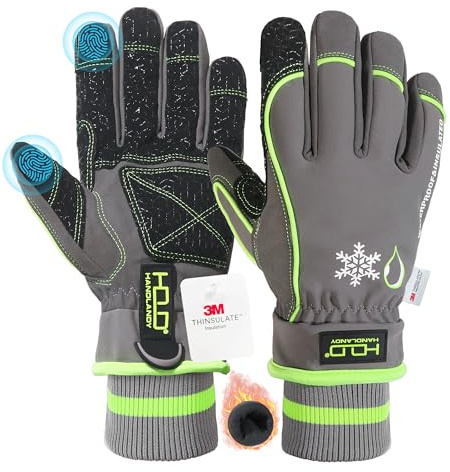 HANDLANDY Waterproof Insulated Work Gloves, Thermal Winter Ski Gloves | Cold Weather Work Gloves, Warm Snow Ski Gloves Touchscreen, for Hiking, Snowboard, Cycling, Snow Removal (Grey Green, S)