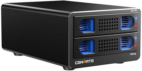 Cenmate 2 Bay 3.5 inch Hard Drive Aluminum Enclosure with Cooling Fan for 2.5/3.5 SATA HDD/SSD with USB 3.2 Gen 2 10Gbps Type C /A Cable, Tool Less Plastic Tray ,DAS (NO RAID/NAS)