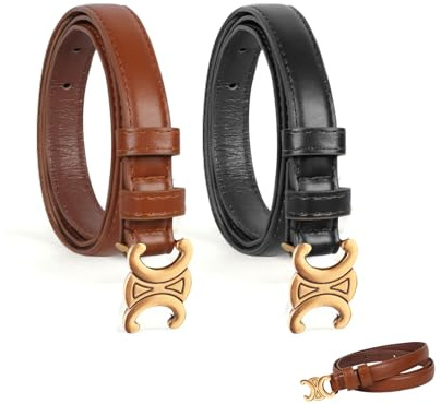 Women Skinny Leather Belt, 2 Pack Leather Belts for Women Adjustable Fashion Classic Slim Thin Belts with Gold Buckle for Ladies Dress Jeans Pants (Black Brown)