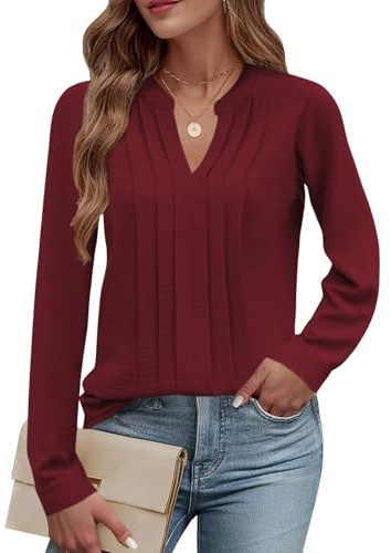 Cuptacc Camicia Donna Elegante Scollo a V Blusa Donna Tunica Casual Maniche Lunga Mussola Camicetta Top Vino Rosso, X-Large XL 46-48