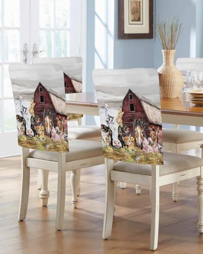 Wowouhiya Farmhouse Animals Chair Covers Set of 6 for Dining Room, Cow Pig in Fence Retro Wood Barn Chair Back Cover Removable Kitchen Chairs Slipcovers Seat Protector for Party Banquet