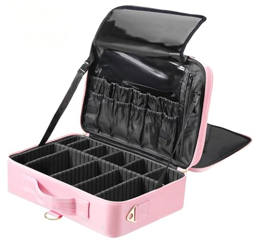 Luxspire Coffret de Maquillage Professionnel 3 Étages, Grande Valise de Voyage Organisatrice de Cosmétiques avec Miroir et Bandoulière, Porte-Pinceaux et Sac de Rangement pour Artistes, Rose