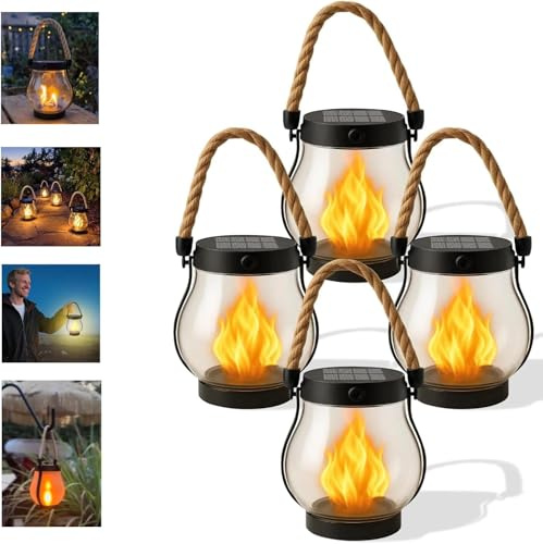 Kaliqo Lot de 4 lanternes solaires d'extérieur avec flammes dansantes, 1500 mAh, IP65, étanches IP65, pour table extérieure, terrasse, balcon, décoration de cour