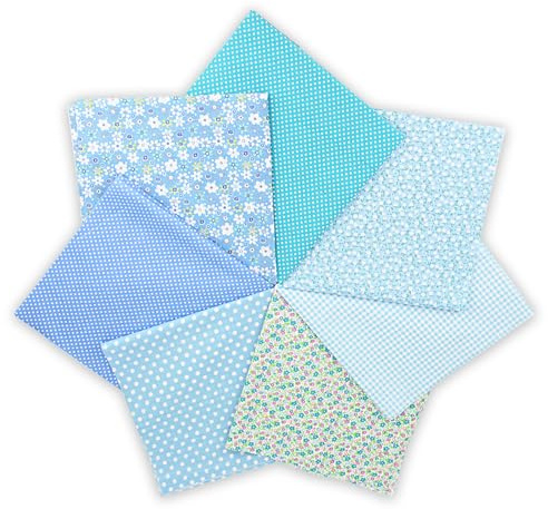 7 stycken bomullstyg, tygpaket, 50 x 50 cm, lapptäcke, tygrester – gör-det-själv-tyg för pyssel, quiltning, dekoration och dockkläder, ren bomull, fashionabla mönster (blå)
