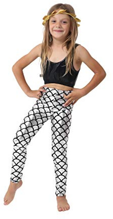 Crazy Chick Kids Full Length Elastic Waist Fish Scale Mermaid Disco Legging - Girls Metallic Shiny Wet Look Comfortable Stretchy Tights Dance Party Children Tights Pants (11-12 Years, Silver)