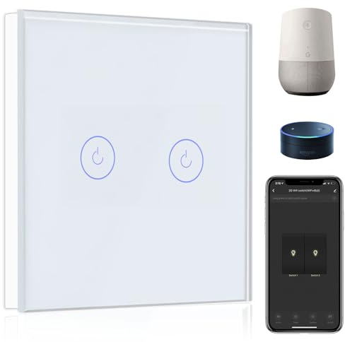 BSEED Smart Light Switch,Compatible with Alexa and Google Home,2 Gang 1 Way WiFi Touch Switch,2 Way or Multi-Way Control by SmartLife APP,White Alexa Switch with LED Indicator Light-Neutral Wire Need