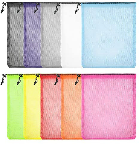 Lot de 10 sacs en maille colorée avec cordon de serrage, sac à linge, sac de rangement multifonctionnel en maille de nylon pour le sport, la natation, la plage, les voyages, la gym, le camping