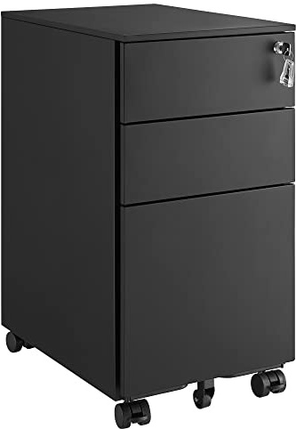 SONGMICS Caisson de Bureau Metal, Caisson de Rangement Mobile, avec roulettes et Serrure, pour Documents et Dossier Suspendu, avec 3 tiroirs, 30 x 45 x 60 cm Noir OFC031B01