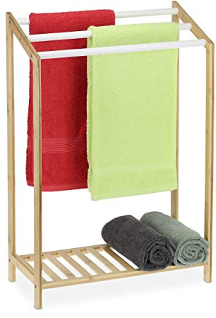 Relaxdays Porte-Serviettes sur Pied, Bambou, 3 Barres, étagère, Portant Salle de Bain, HLP: 78x53x24 cm, Nature/Blanc