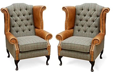 Interiors Today Queen Anne High Back Wing Chair in Bracken Green Harris Tweed and Vintage Tan Leather (Pair of Chairs)