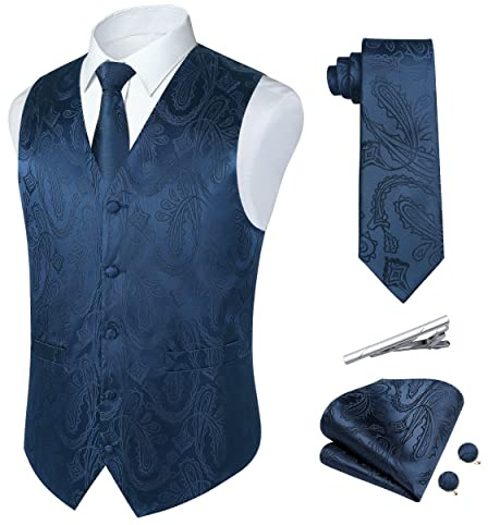 Rithern herrväst paisley blommig jacquard siden slips näsduk set med manschettknappar och slipsklämma set för bröllopsfest kostym väst set, Marinblå, XL