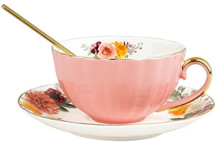 fanquare Taza de Té Rosa Inglesa, Taza de Té de Porcelana con Cuchara, Taza de Té y Platillo de Cerámica, 200ml (FKT0514C)