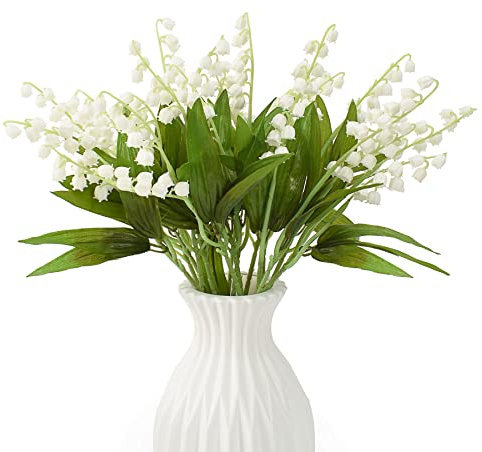 HUIANER 16PCS Artificial Lily of The Valley Flowers with Long Stem, Fake White Bell Orchid Flowers Faux Wind Chime Orchid Flowers for Wedding Bridal Bouquet Wreath Table Centerpiece Outdoor Decor