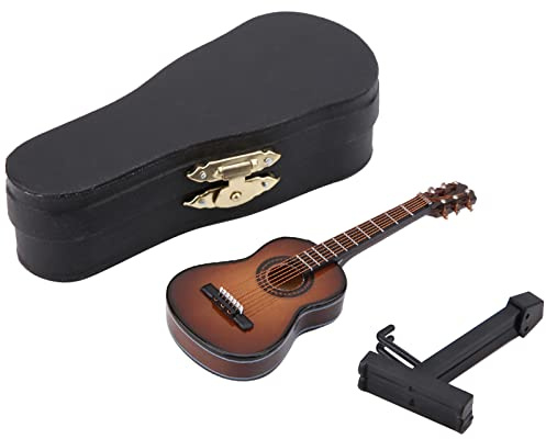 Dekaim Modelo de Instrumento Musical, Modelo de Guitarra,Mini Modelo de Guitarra de Madera con Soporte de Guitarra y Caja de Almacenaje,Mini Instrumento Musical Decoración Artesanal (10CM-Color Café)