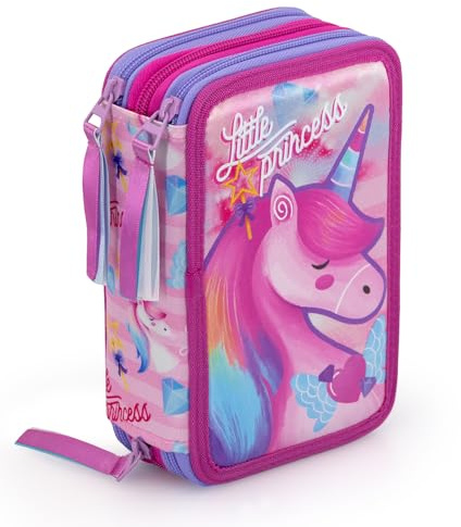 L'ERBAVOGLIO - UNICORNO - ASTUCCIO SCUOLA 3 ZIP UNICORNO LITTLE PRINCESS - COMPLETO DI 44 PEZZI - PRODOTTO ESCLUSIVO (FUCSIA/LILLA)