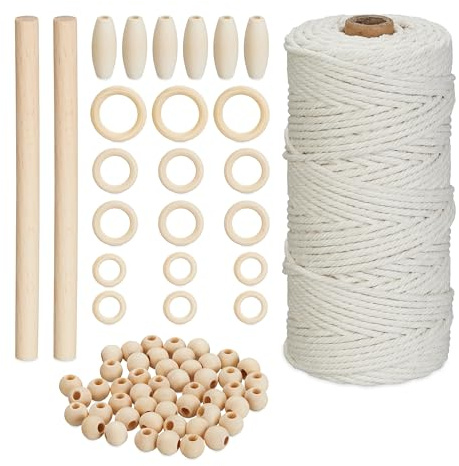 Relaxdays Kit Macramé 73 Piezas, Principiantes, 109 m Hilo Algodón 3 mm, Cuentas, Palos y Anillos Madera, Blanco/Natural