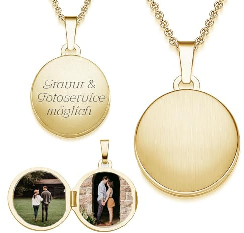 Amoonìc Medaillon rund zum Öffnen für Bilder Gelbgold vergoldet | Kette Damen Medallion mit Bild | Amulett Anhänger mit Foto personalisiert | Halskette mit Gravur | Schmuck Geschenk zur Erinnerung