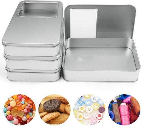 FAELNK 4 Stück Metalldosen mit Deckel Blechdosen Aufbewahrungsbox Metall mit Klarem Fensterdeckel Silber Organizer für Zuhause Sügigkeiten und Kleinen Gegenständen 16 * 11 * 3.5 cm