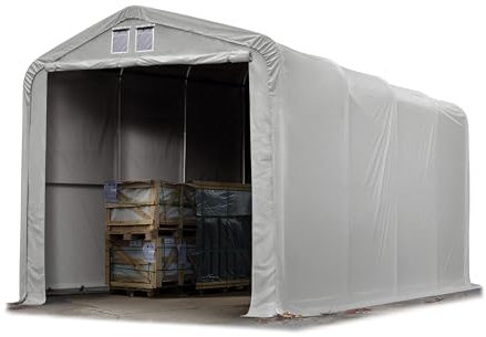 TOOLPORT Lagerzelt 4x8 m Zelthalle / 3,35 m Seitenhöhe reißfeste PVC Plane 850 N grau mit Statik (Betonuntergrund)