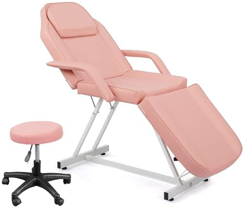 LEADZM Table de Massage Pliante Professionnelle avec Tabouret à roulettes Legere Aluminium Housse Table Massage Lit Cosmétique Massage 3 Sections Portable Ergonomique (Rose)