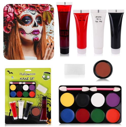 Kit de Maquillage Halloween SFX, Maquillage de Fausse Cicatrice, Faux Sang, Peinture Corporelle 8 Couleurs, Noir Blanc Rouge Palette de Maquillage, Pour Halloween, Noël, Soirées à Thème, Pâques
