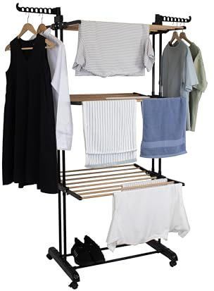 Hyfive Clothes Airer Clothes Drying Rack Extra Large 4 Tier Clothes Horse Drying Rail Stainless Steel Garment Laundry Clothes Dryer Racks Wood Effect