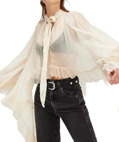 Women Sheer Ruffle Flowy Blouse Chiffon Shawl Cape Top Apricot