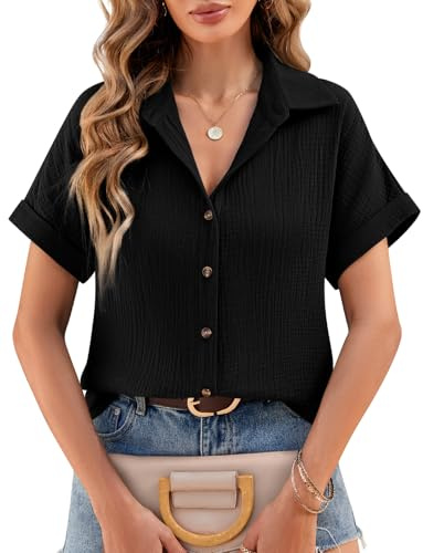 heekpek Women's Blouses Shirts Ladies Summer Top Short Sleeve Cotton Button Down Shirts V Neck Loose Fit Casual Tee Shirts, Black, XXL