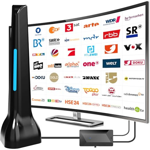 DVBT2 Antenne, zimmerantenne DVB-T & DVB-T2 Antennen mit Verstärker, Großer Reichweite und 360° Empfang, Zimmerantenne für Fernseher mit Starkem Magnetfuß, Geeignet für 4K 1080p & Alle TV-Geräte