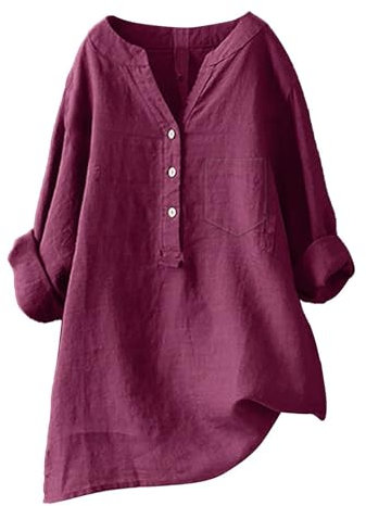 Chemise Lin Femme Chemisier Coton Et Lin pour Femmes Col en V Bouton Manches Longues Tops Couleur Unie Lâche Respirant Pas Cher T-Shirts Grande Taille Casual Tunique Blouse Décontracté