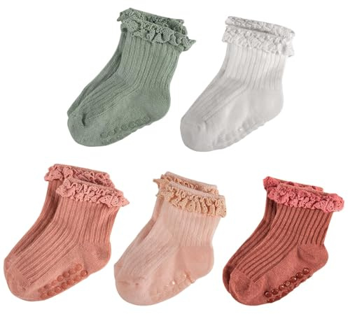 WEESTAAMO 5 par babyflickstrumpor för nyfödda 0–6 månader till 3 år | Halkfria babystrumpor | Spetsstrumpor för spädbarn med volangspets i fotled | Perfekt för dop, vardag eller gåva