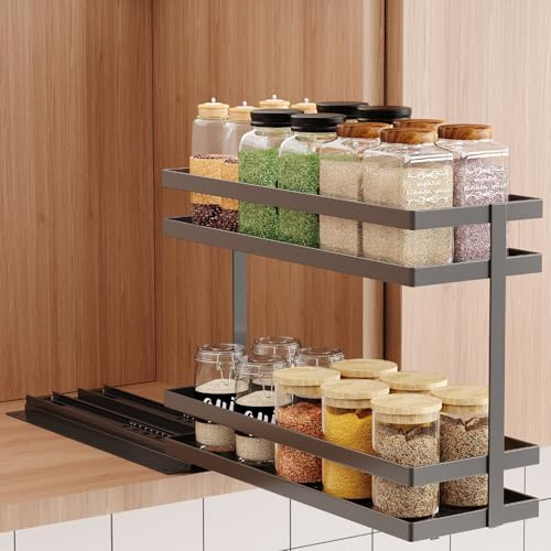 Mustorn Gewürzregal Herausziehen, 2-stufiges Metall Gewürz Organizer Gewürzregal Stehend Gewürzaufbewahrung für Küchenschränke Spice Rack Gewürzregale Ohne Bohren Gewürzständer(1 Stück, Schwarz)