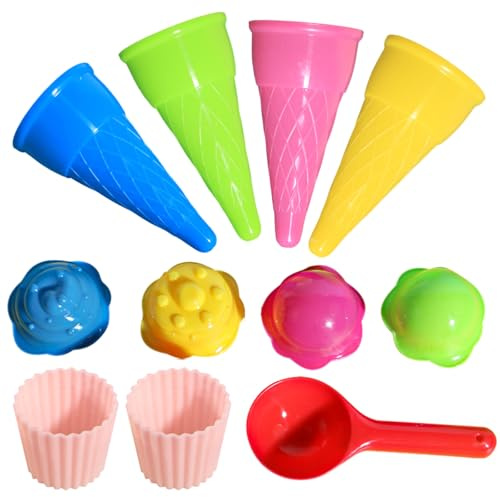 Satiskid Juego de helados de playa de 11 piezas, juguetes para helados para niños, juego de forma de helado con cuernos, cucharas y vasos, juguete para caja de arena, juguetes de playa para niños