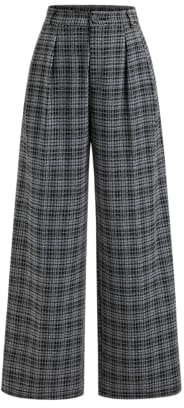 CIDER Plaid Wide Leg Pants for Women with Pockets Mid Waist Checkered Pants Business Casual Trousers Trendy: Black, XL