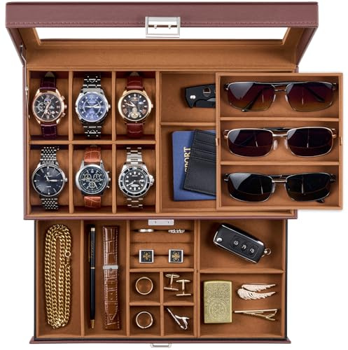 ProCase Mens Jewelry Box, Lockable 6 Slot Watch Case & 3 Slot Sunglasses Organizer, 2-layer Mens Jewelry Organizer Watch Box for Men, Watches Holder Display Storage Valentine Birthday Gifts -Brown
