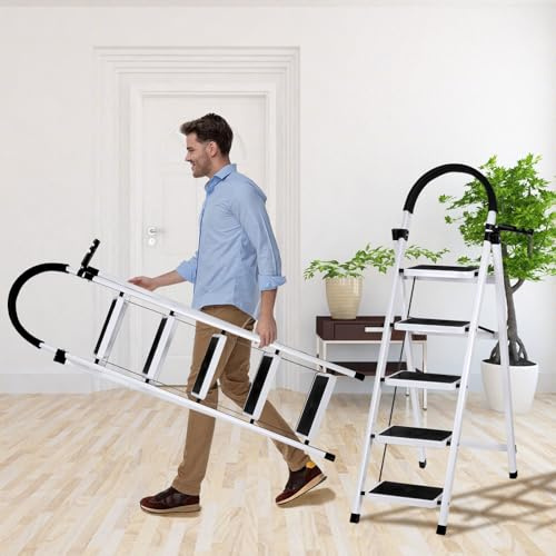 Escabeau 5 Marches avec Plateforme de Travail, Pliable, Larges Marche Pied Pliable Antidérapantes, Acier Marche Pied Adulte152* 87 * 39cm/ Blanc