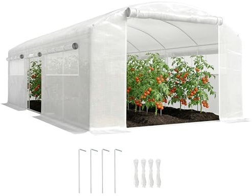 Outsunny Invernadero de Exterior 6x3x2 m, Invernadero de Túnel con 3 Puertas Enrollables, Ventanas de Malla, Cubierta PE 140g/m² Anti-UV y Marco de Acero Galvanizado, para Cultivos, Plantas, Blanco