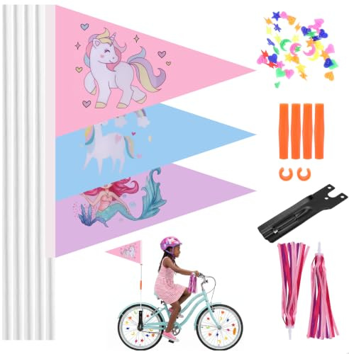 Thryvix Set de 3 Fanions de Sécurité pour Vélo Enfant, Mât en Métal, Drapeaux en Polyester, Décorations de Rayons Colorés et Pompons de Guidon, pour Bicyclette, Trottinette et Kart