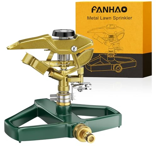 FANHAO Aspersor de Impacto con Base metálica, Sistema de Riego Impulsos, Que alcanza hasta 540 m², Ajustable y de Amplia Cobertura de 360 Grados