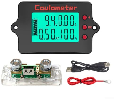 Litiumjärnfosfat coulomräknare 8–120 V med 4-i-1 STN-display för realtidsövervakning av spänning, ström och kapacitet, (100 A)
