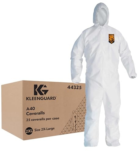 Kleenguard A40 Liquid & Particle Protection Coveralls with Hood (44325), Zip Front, Elastic Wrists & Ankles (EWA), White, 2X-Large, 25 Garments / Case