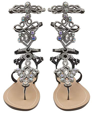 Hinyyrin Women's Black Gladiator Sandals, Rhinestone, Summer Flat Dress Sandals, Size 11
