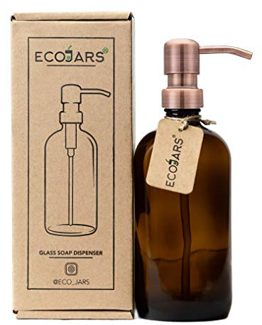 Amber Glass Jar Soap Dispenser with Antique Colour Rose Copper, Stainless Steel Dispenser, BPA Free, Eco Friendly, 500ml, Housewarming Gift Box