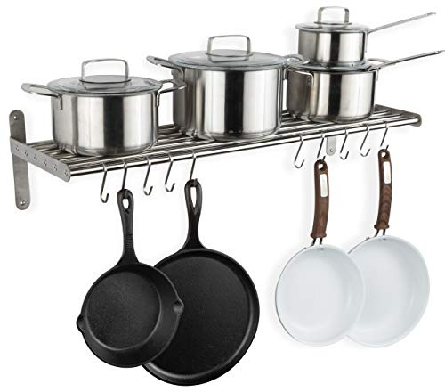 Wallniture Lyon Küchenregal Organizer und Aufbewahrungsregal, Metall Wandregal mit 10 S-Haken zum Aufhängen von Töpfen und Pfannen, Chrom