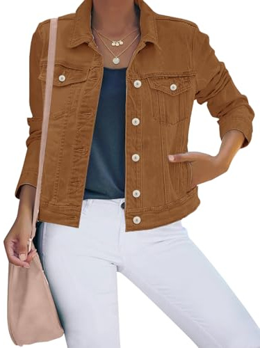 luvamia Women's Classic Casual Long Sleeves Jacket Basic Button Down Trucker Jacket Coat Brown Size Medium