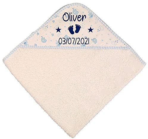 Alwaystrusted Personalised Gift Blue Elephant Baby Hooded Towel Blue Feet Name and Date Boy AT-SB56-15-RB