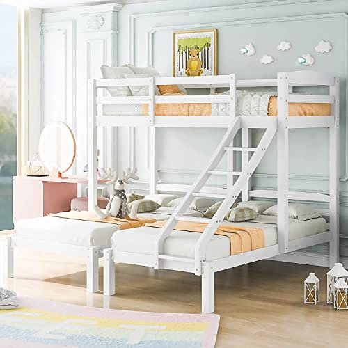 3FT Bunk Bed Triple Sleeper with Side Ladder, Solid Wood Children Bed Frame, Suitable for Children and Teens, Easy to Assemble, White【UK Fast Delivery】