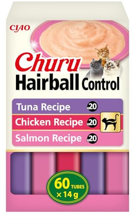 INABA Churu Hairball Control, Snack Cremoso para Gatos contra Las Bolas de Pelo, con Atún, Pollo y Salmón, Puré Suave con Fibra Añadida, Rico en Omega 3 y 6, Alto Contenido en Humedad, 60 Tubos x 14g