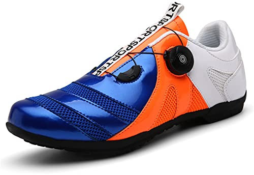 Cykelskor gummisula cykelskor bekväm och andningsbara cykelskor 3 sekunder att knyta skor utomhus och inomhuscykel sneakers(44, Blue orange white)