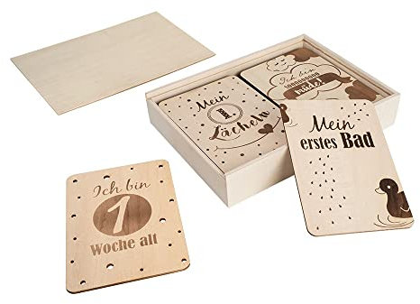 Ideen mit Herz Meilensteinkarten Baby aus Holz | Mein 1. Jahr | beidseitig gestaltet | 40 Designs auf 20 Karten | 10,5 cm x 14,8 cm je Karte | inkl. Aufbewahrungsbox aus Holz